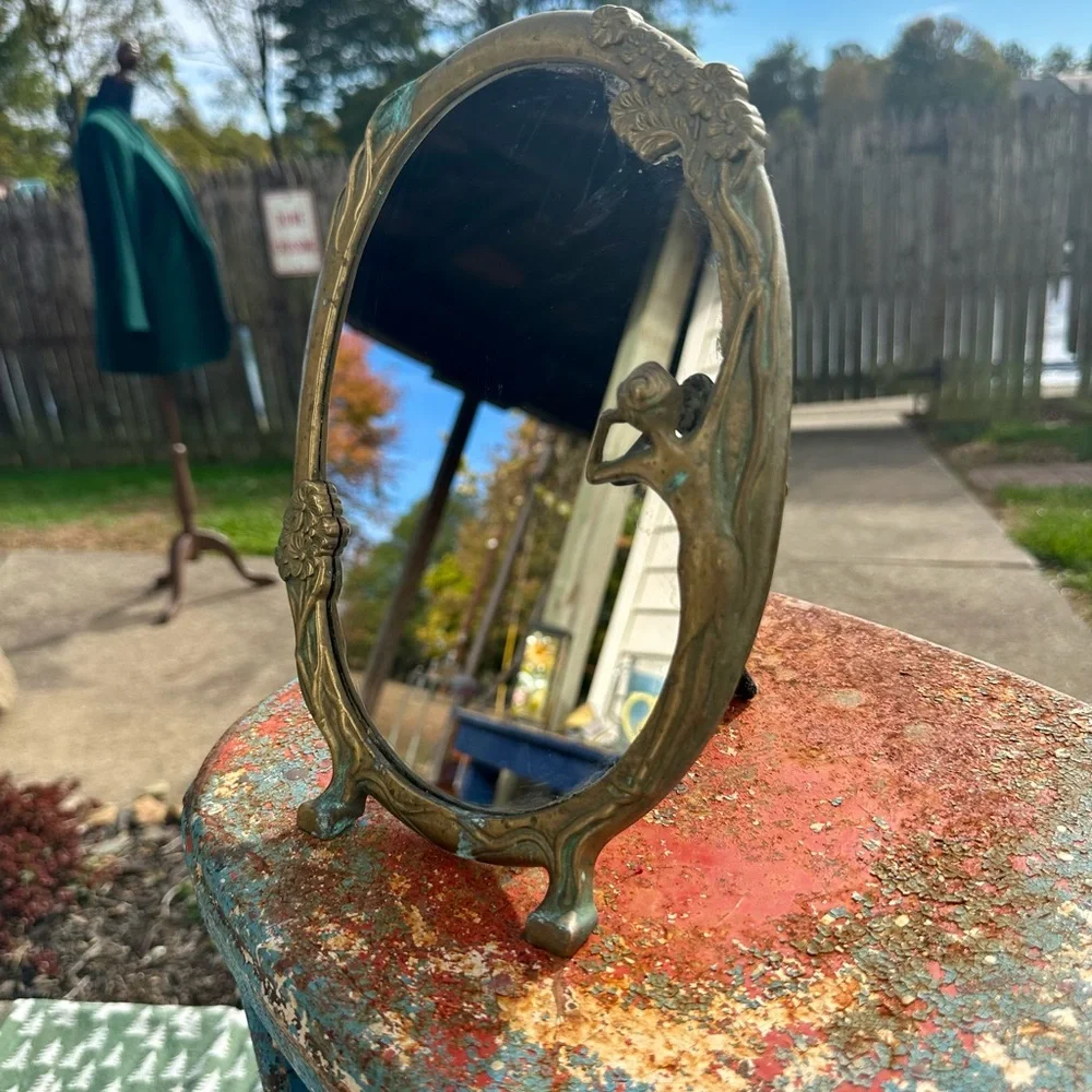 Antique Art Nouveau Brass Vanity Table Top Footed Mirror Lady by the Lake